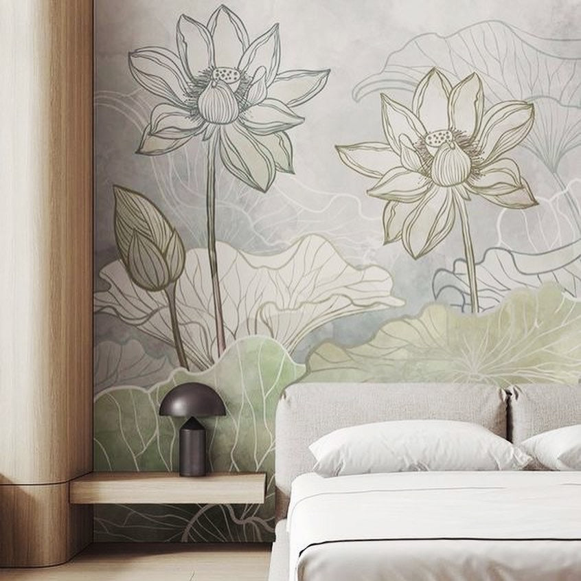 House of akaya Pastel Garden hand pained wallpaper, consist of flowers in green and white colour, bedside view. 