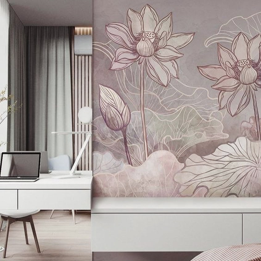 House of akaya Pastel Garden hand pained wallpaper, consist of flowers in pink and white colour, bedside view. 