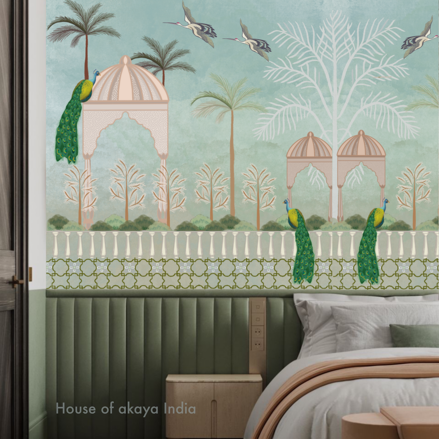 House of akaya Indian Mystic hand pained wallpaper contains peacocks, trees, Lush green colour.   