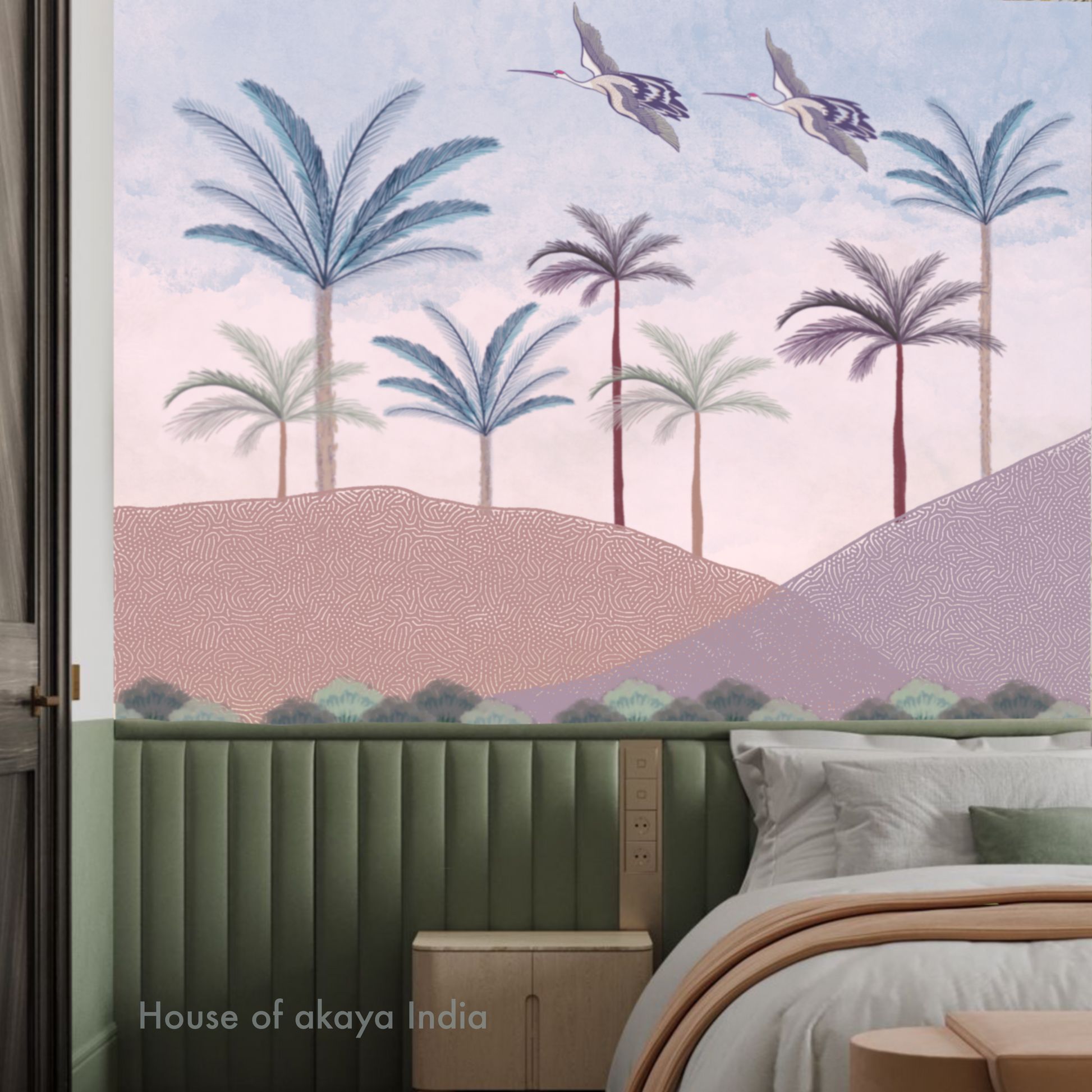 House of akaya Sound of Calmness hand pained wallpaper, consist of trees, birds and hills in blue, green and brown colour, bedside view.