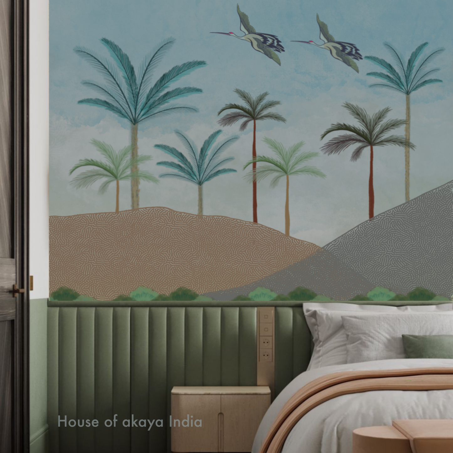 House of akaya Sound of Calmness hand pained wallpaper, consist of trees, birds and hills in blue, green and brown colour, bedside view.