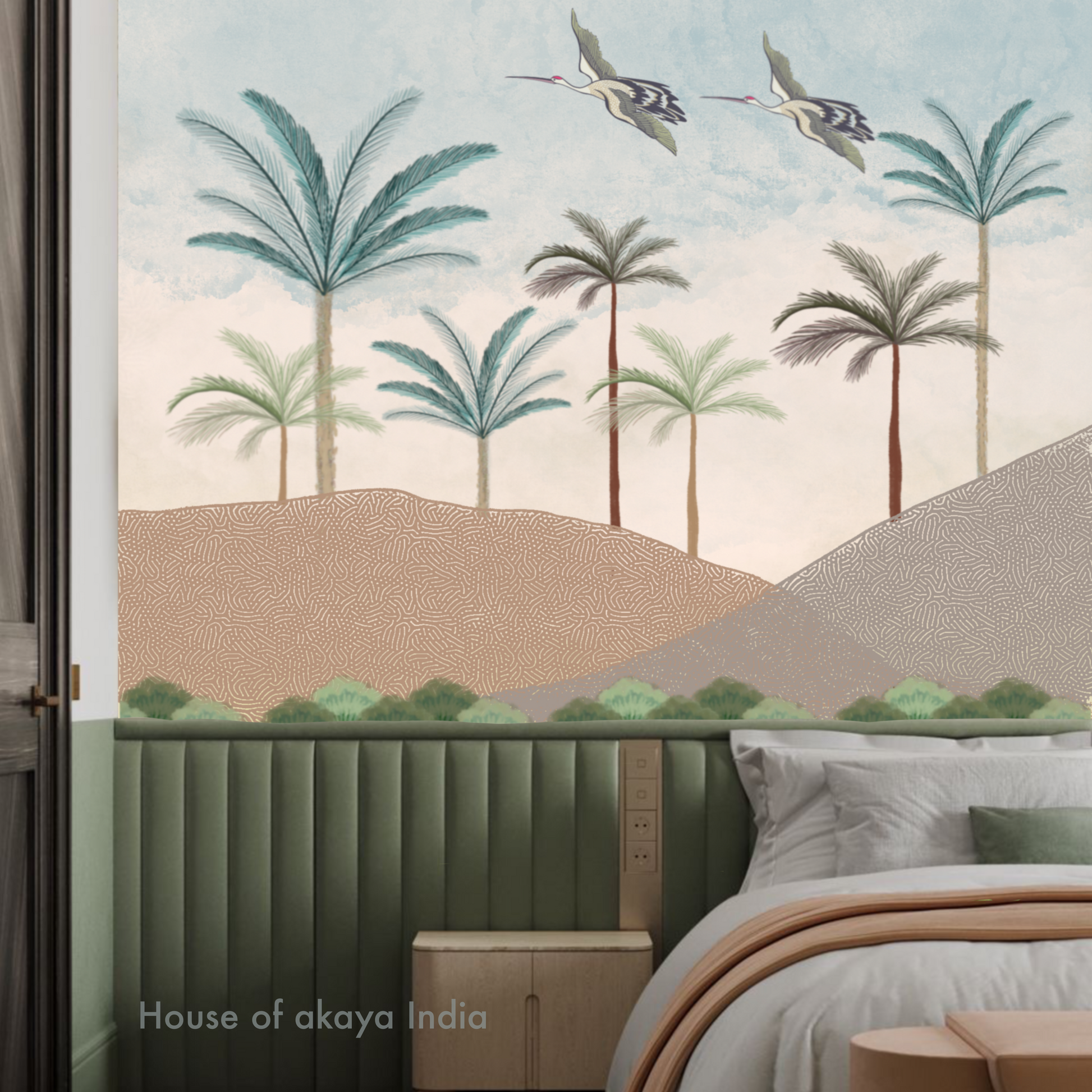 House of akaya Sound of Calmness hand pained wallpaper, consist of trees, birds and hills in blue, green and brown colour, bedside view.