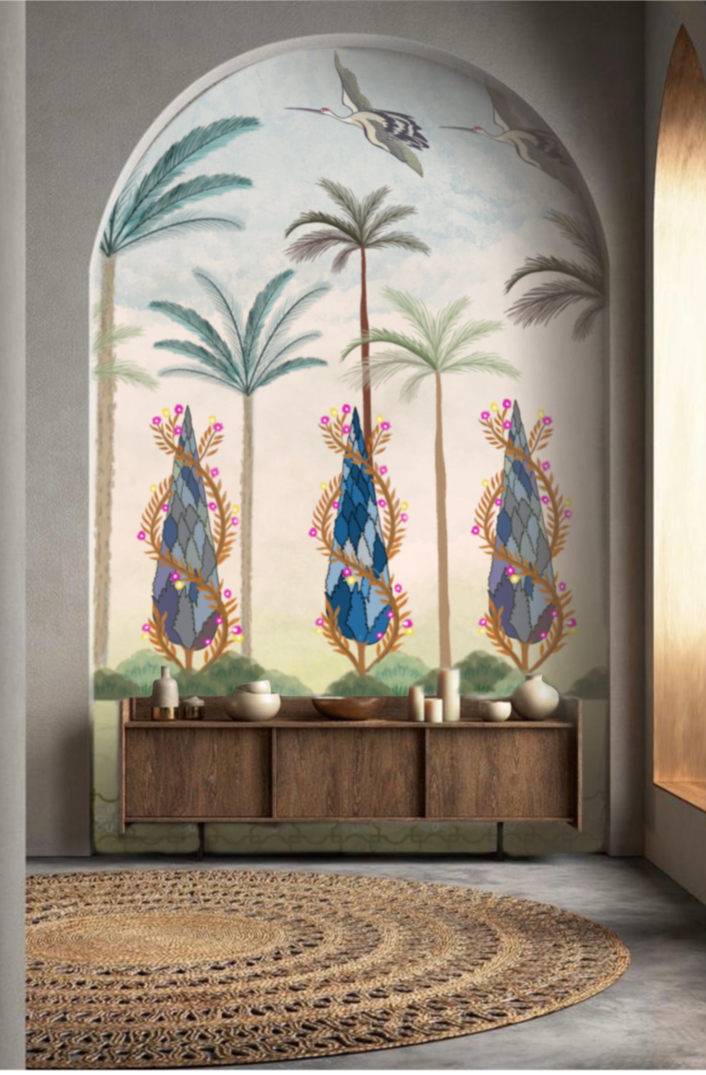 House of akaya Heritage Fusion hand pained wallpaper, consist of green, blue, golden colour in it, office view.