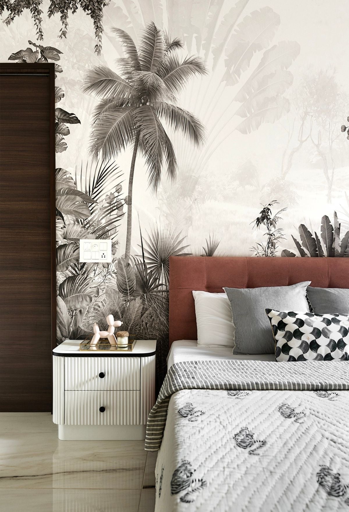 House of akaya Charcoal Ink wallpaper, forest based deign, Charcoal colour  and white background colour. 