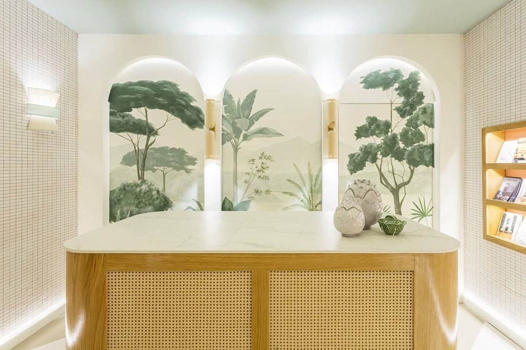 House of akaya Zen hand painted wallpaper, trees and mountains, green and white colour, office view.  