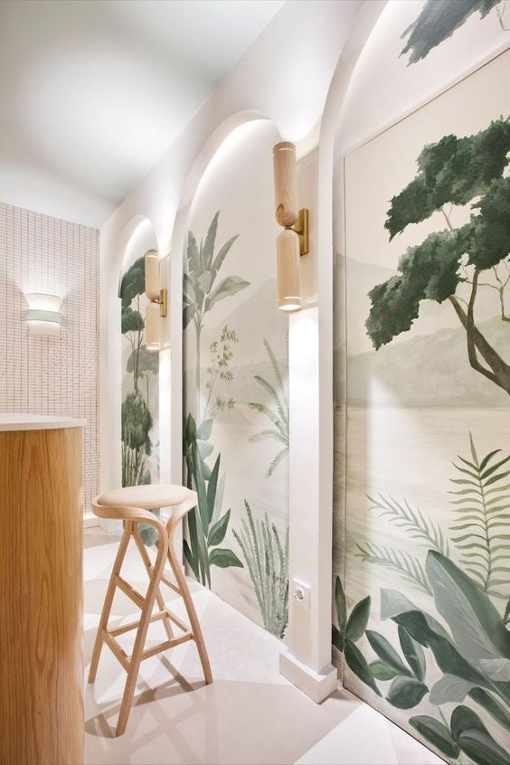 House of akaya Zen hand painted wallpaper, trees and mountains, green and white colour, office view.  