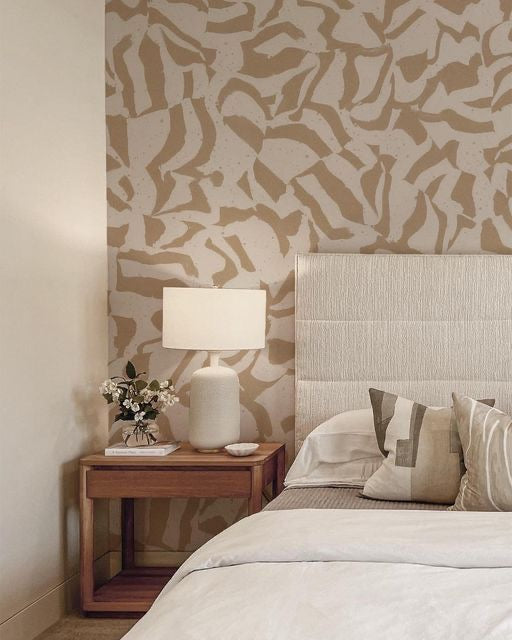 House of akaya Over Board hand pained wallpaper, Over Board design in brown colour, bed side view.  