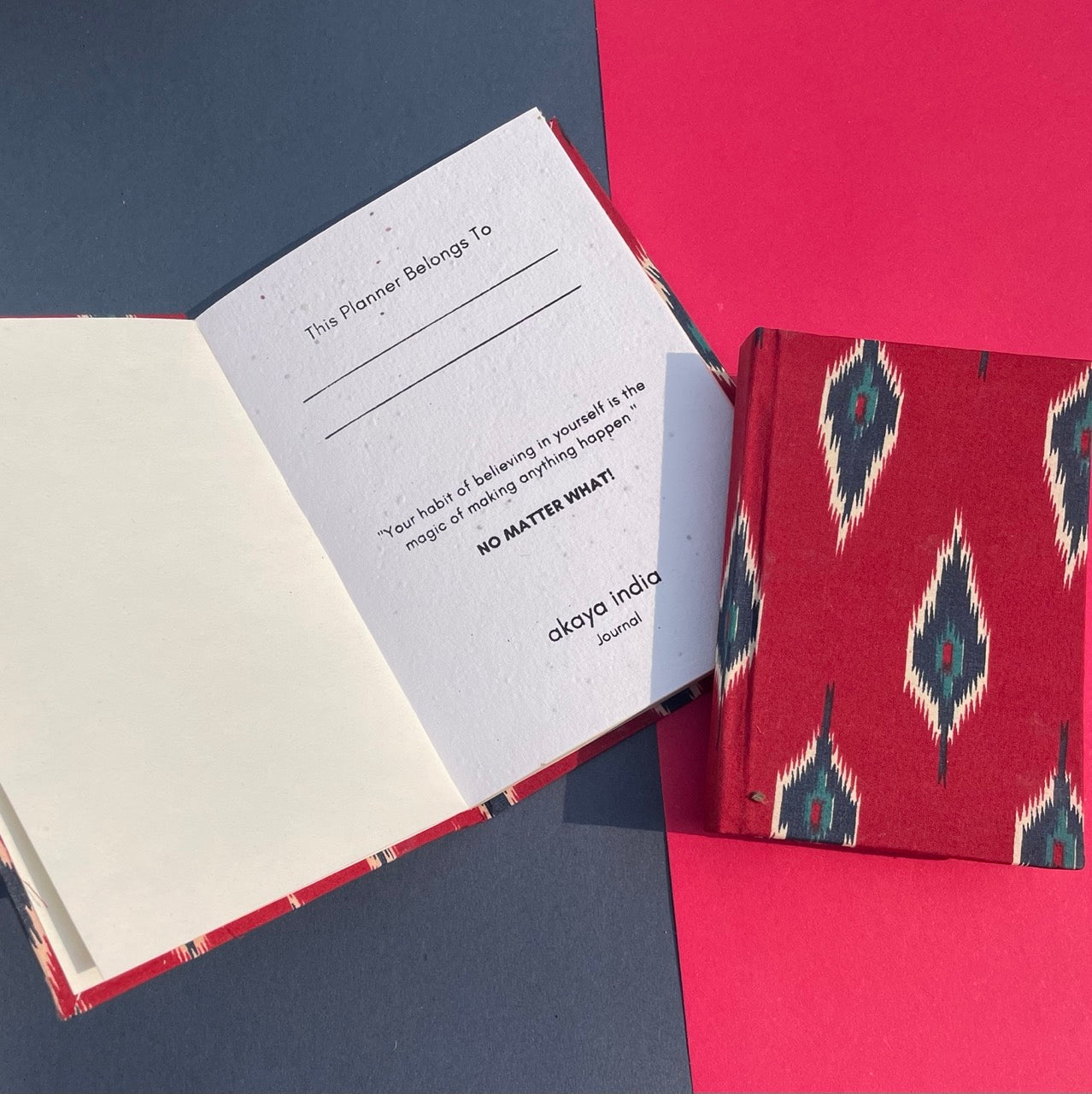 Red Ikat designed Handmade plantable journal diary page view, designed for journalers. Perfect for writing, sketching, and planning.