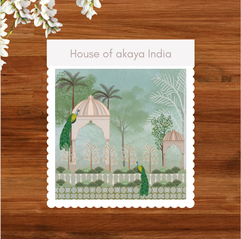 House of akaya Indian Mystic hand pained wallpaper contains peacocks, trees, Lush green colour.   