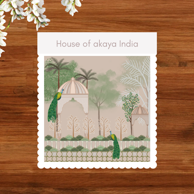 House of akaya Indian Mystic hand pained wallpaper contains peacocks, trees, Rose colour.  