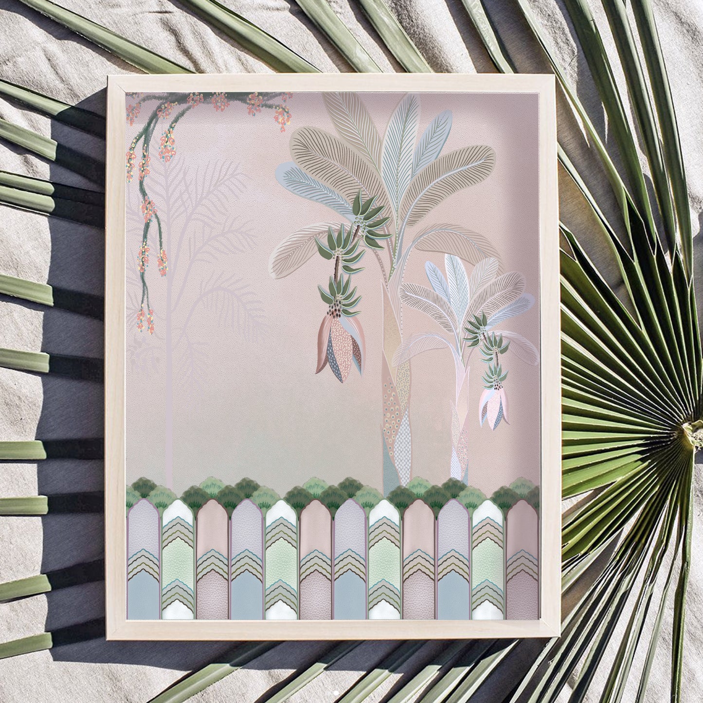 frame view of Home Garden hand-painted wallpaper, inspired by the tranquility of nature, infuses your space with a sense of peace akin to sunlight filtering through trees.