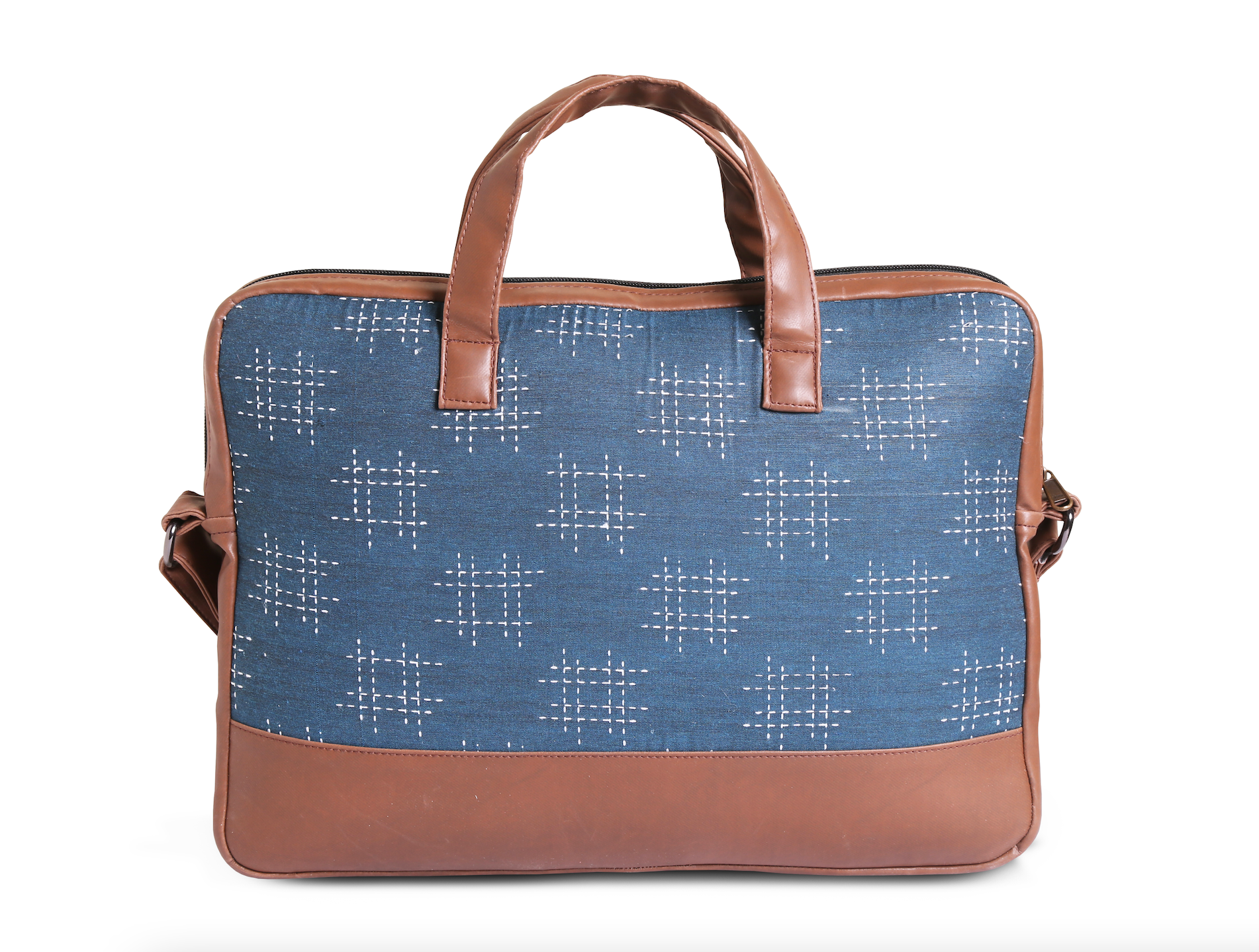 our laptop bag/ messenger bag with blue kantha design on and brown leather on handles, sides, bottom and sling on white background showing the back view