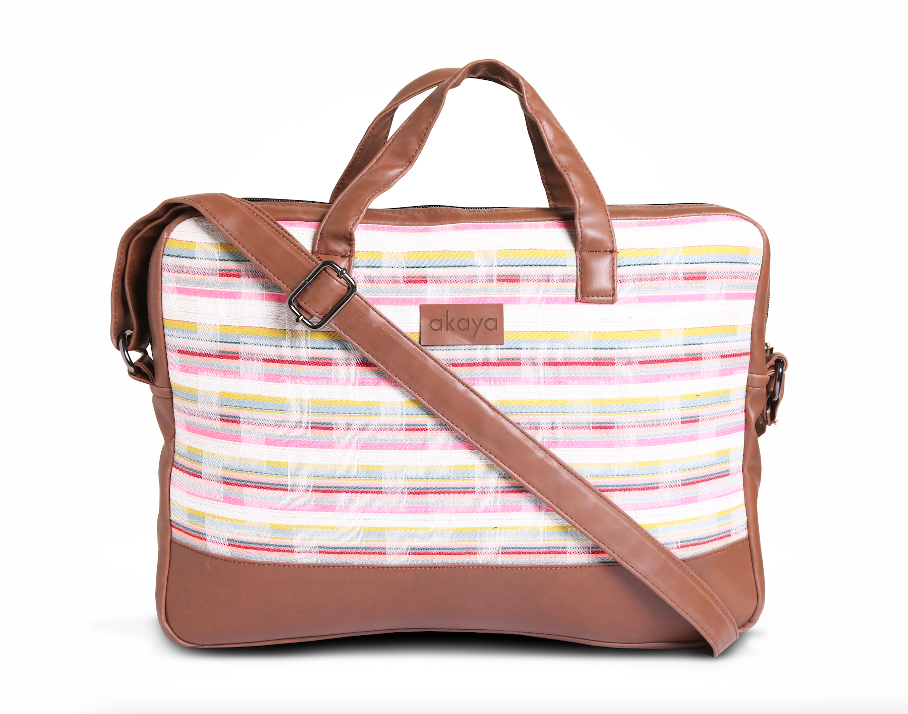 COTTAGE STRIPES MESSENGER BAG/ laptop bag, leather on sides, bottom and handles, front view 