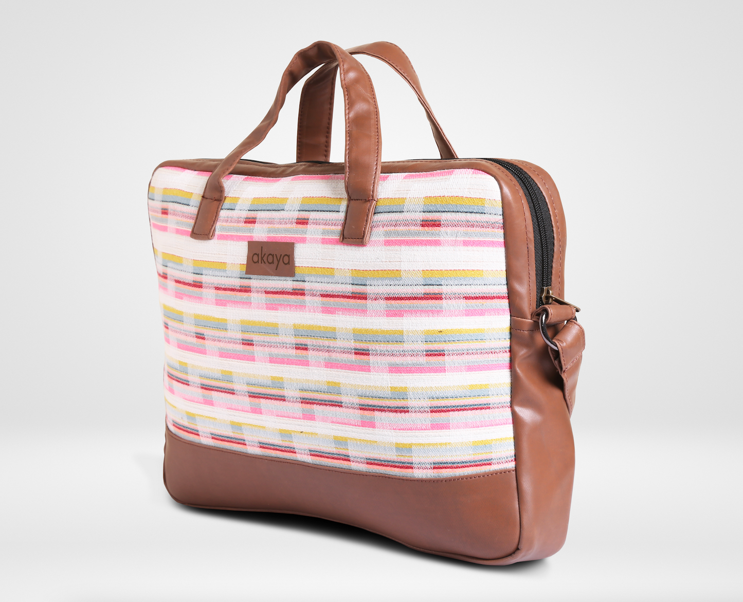 COTTAGE STRIPES MESSENGER BAG/ laptop bag, leather on sides, bottom and handles, side view 