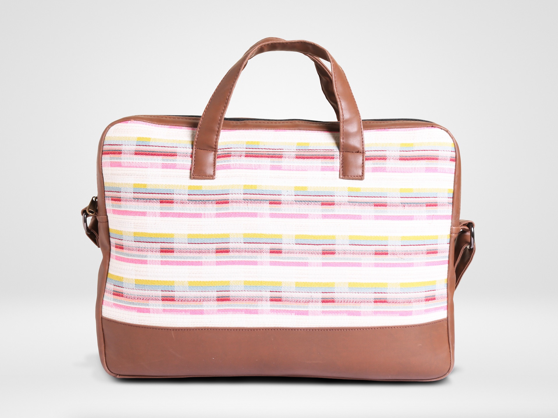 COTTAGE STRIPES MESSENGER BAG/ laptop bag, leather on sides, bottom and handles, back view 