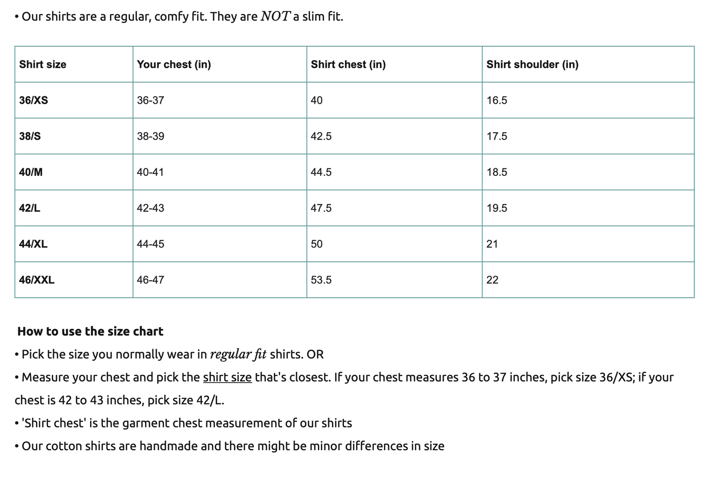 Shirt size chart