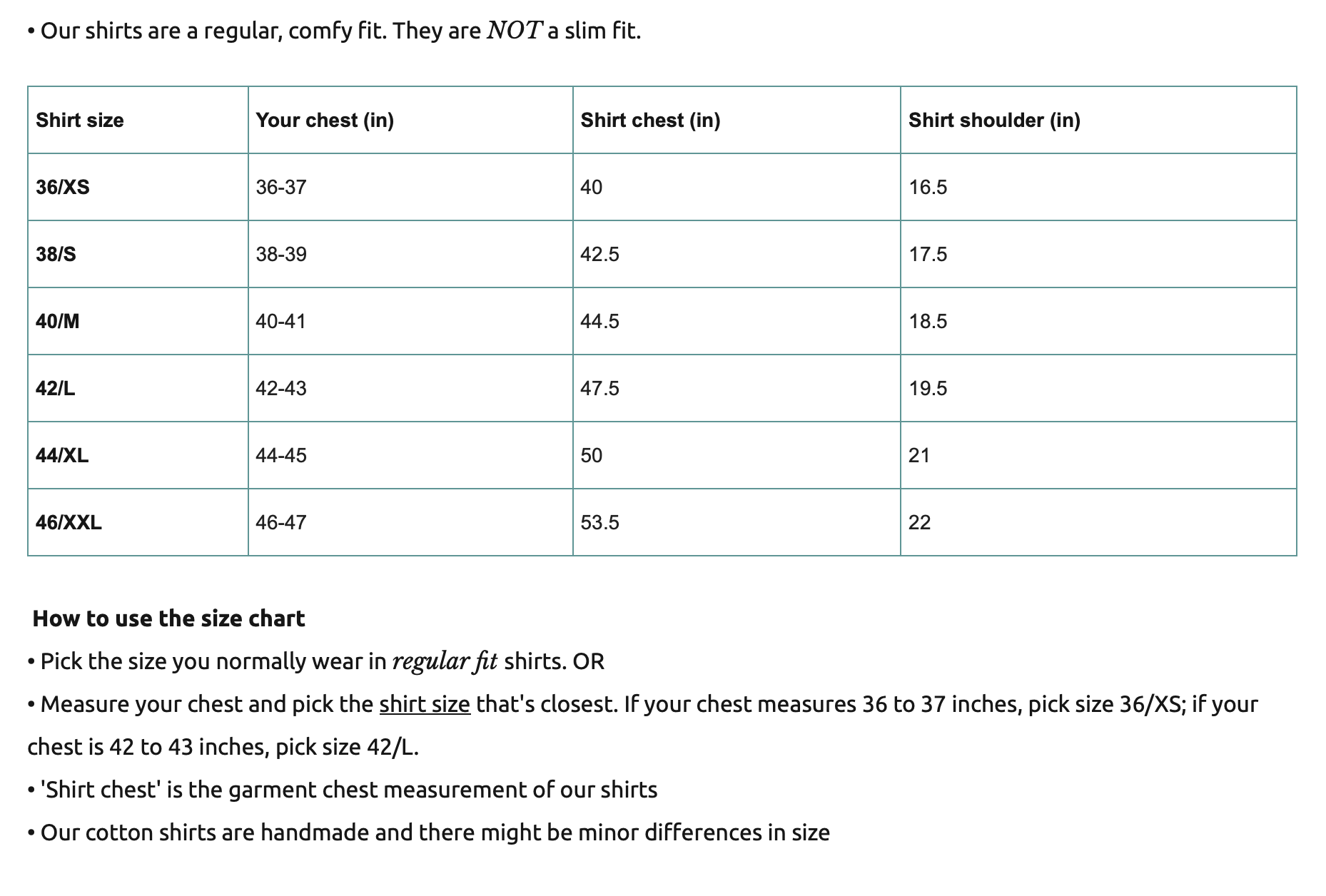 Shirt size chart